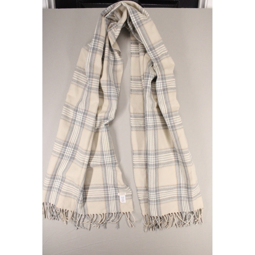 J.Crew Scarf H2853 Womens OS Cream Grey Plaid Acrylic Fringe Preppy Minimalist